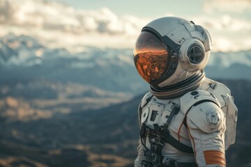 Fototapeta premium Astronaut explores a rugged mountain landscape under a dramatic sky during golden hour