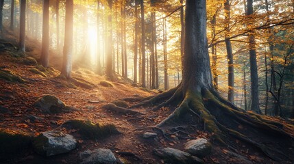 Obraz premium Autumn Sunlight in a Golden Forest