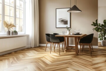 Fototapeta premium Modern beige dining area with herringbone wooden floor, black chairs, and a framed artwork.