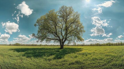 Obraz premium A beautiful tree stands on the grassy hill against a blue sky with a cloud-filled background.