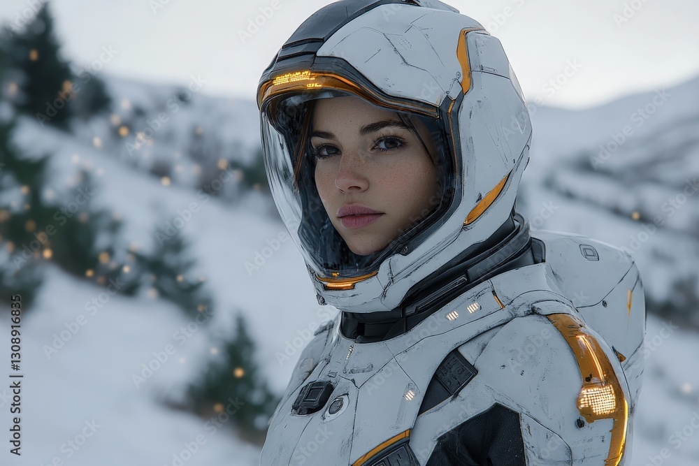 Aufkleber Astronaut exploring snowy landscape under a cloudy sky with distant mountains in the background