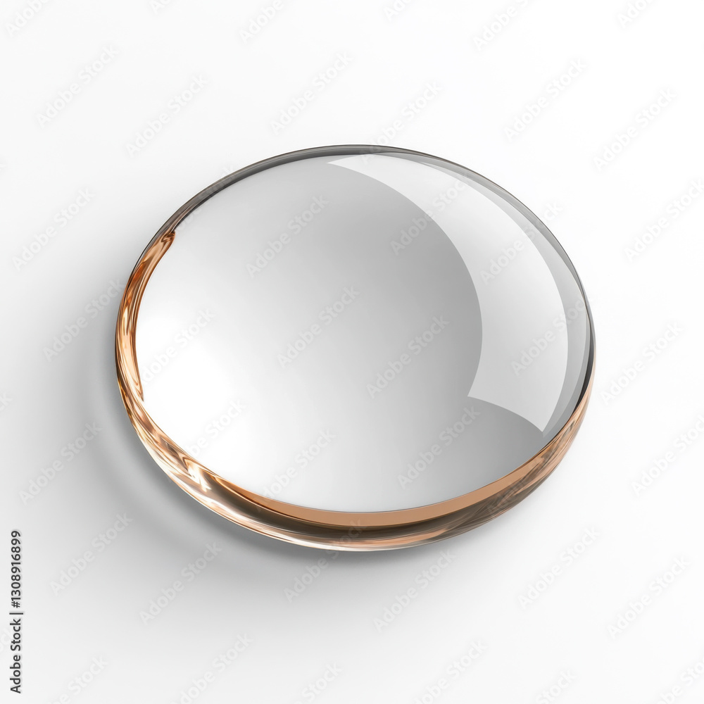 Poster close up view of a clear lens with a golden edge reflecting light on a white background in a studio 