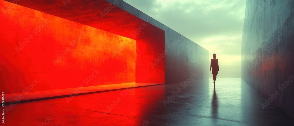 Poster a person stands in a room with a distinctive red wall, providing a unique backdrop for various uses