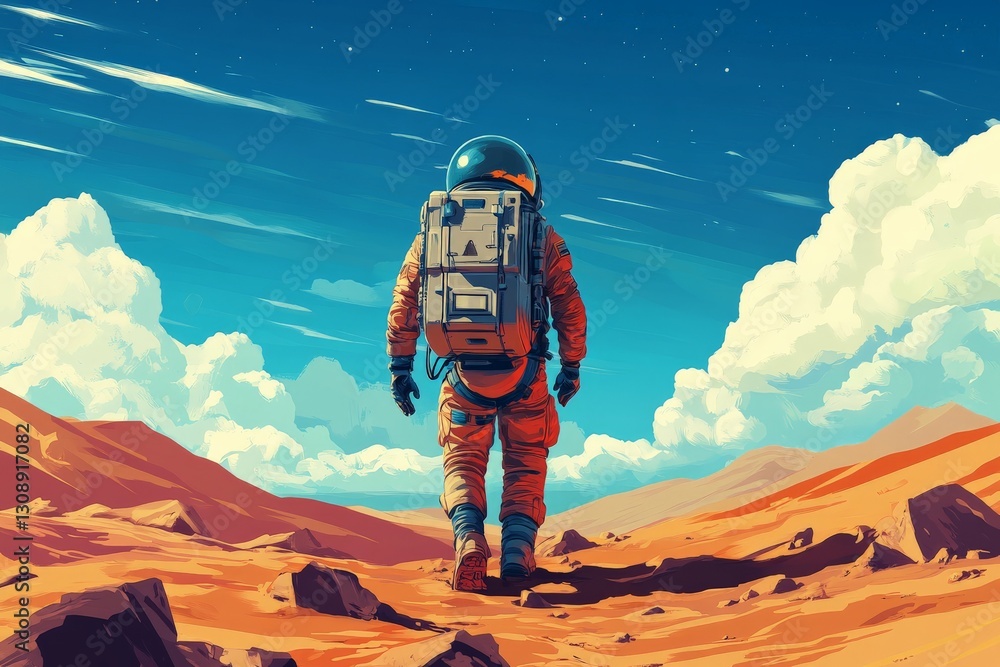 Poster exploration of a distant planet by an astronaut in a sandy landscape under a vibrant sky with wispy 