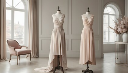 Elegant Dresses on Mannequins Decorate Bright Interior with Window Curtains