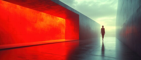 A person stands in a room with a distinctive red wall, providing a unique backdrop for various uses