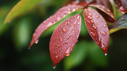 Raindrops on crimson leaves, nature's refreshing touch.  A vibrant display of color and moisture.