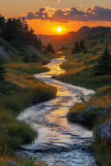 Tranquil River Stream Flowing Through Verdant Valley at Stunning Sunset Hour