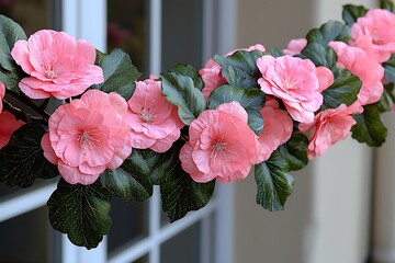 Pink artificial flower garland outdoors