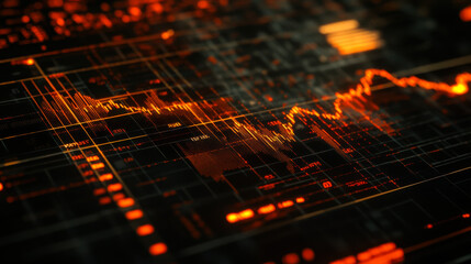 Illuminated data visualization showcasing financial trends and market fluctuations in a dark background