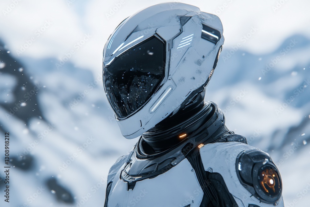 Poster snowy landscape with futuristic figure in advanced helmet and armor design