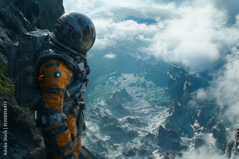 Poster astronaut gazes over a breathtaking alien landscape with clouds and mountains in the distance