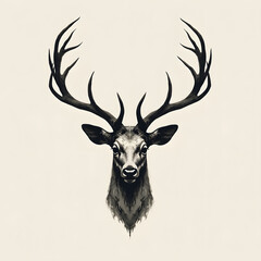 Abstract ink wash deer head logo with large antlers, minimalist wildlife emblem in monochrome watercolor style on a light background