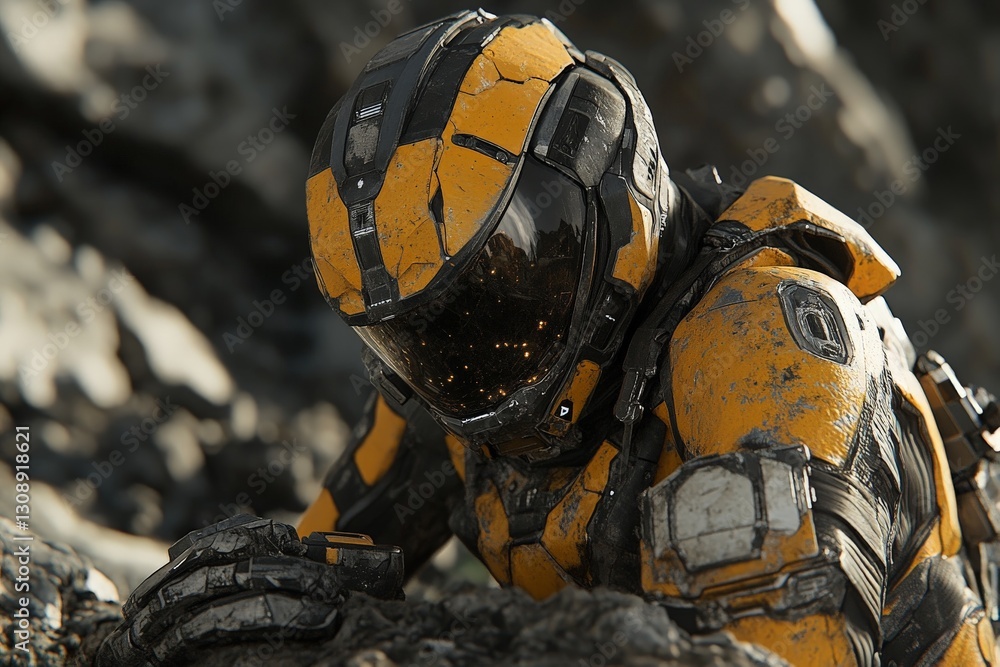Poster futuristic astronaut in a rugged environment explores an alien landscape with intricate details and 