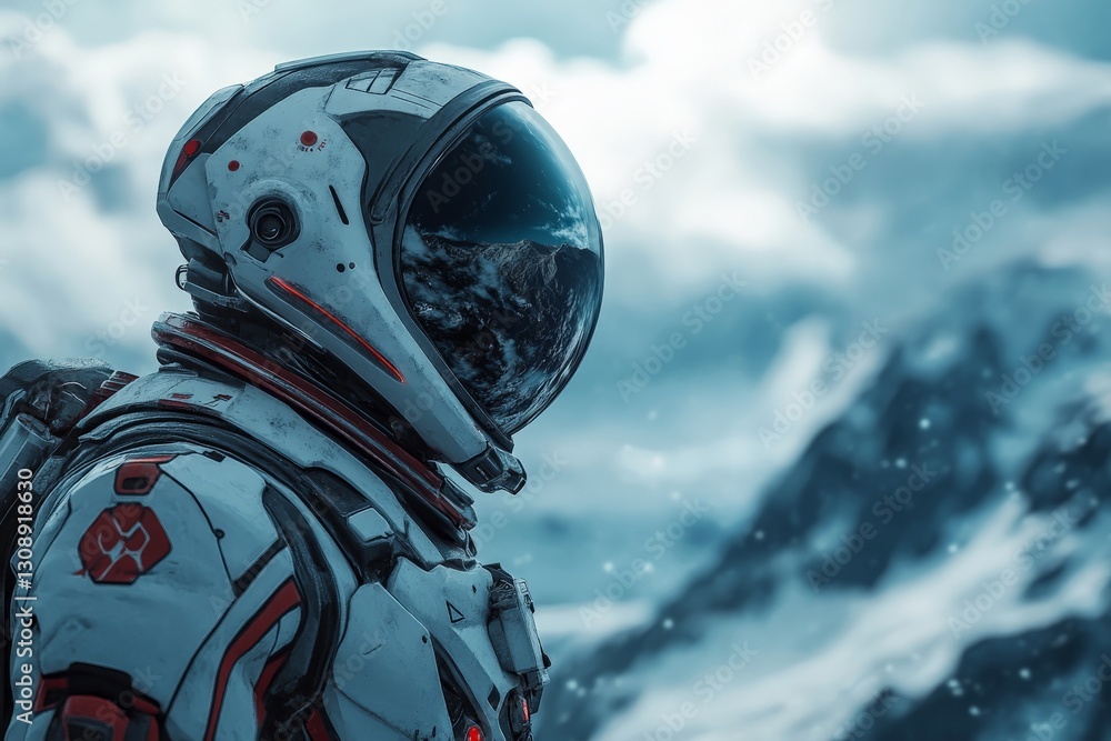 Poster astronaut explores alien landscape with snowy mountains and dramatic clouds at dusk in a distant wor