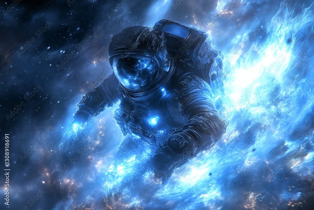 Poster astronaut exploring vibrant cosmic nebula in deep space with glowing blue energy trails in the backg