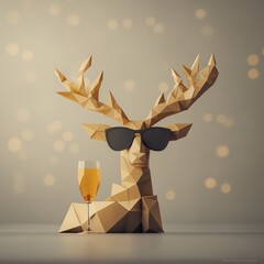 A paper deer wearing sunglasses and holding a glass of champagne