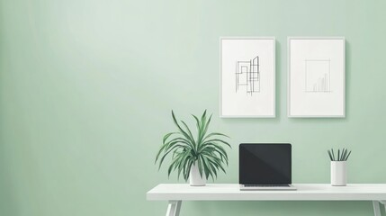Minimalist home office desk with laptop, plant, and art prints