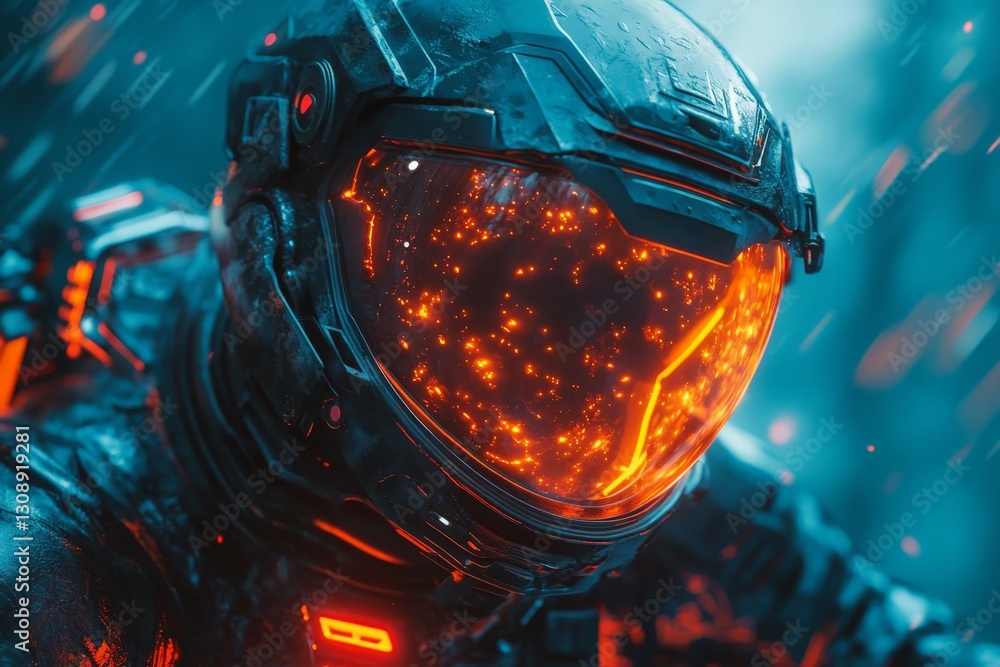 Aufkleber Futuristic astronaut in a vibrant helmet with glowing patterns exploring a desolate alien landscape under heavy rain