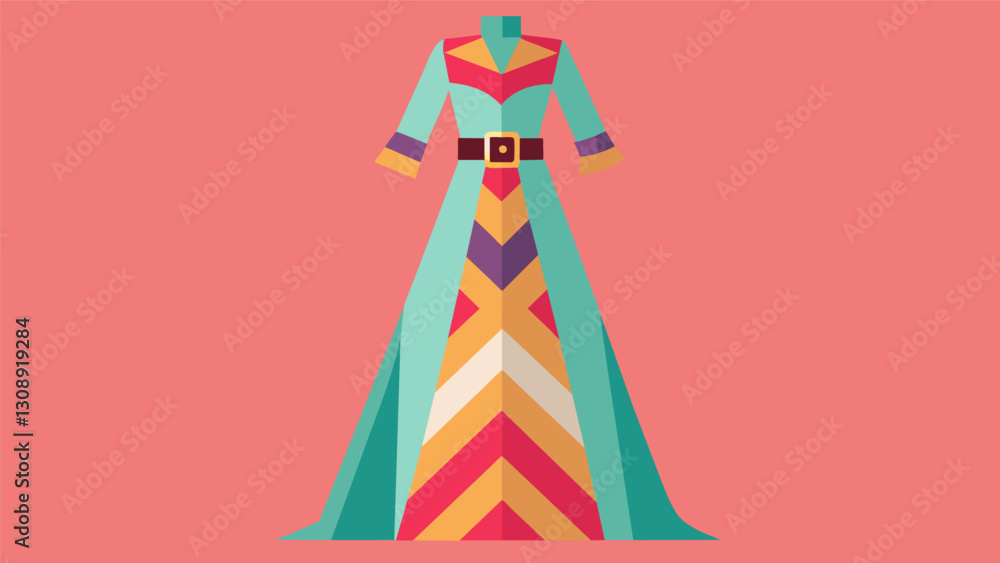 Poster a floorlength maxi dress in a bold geometric pattern accessorized with a chunky belt and colorful ba