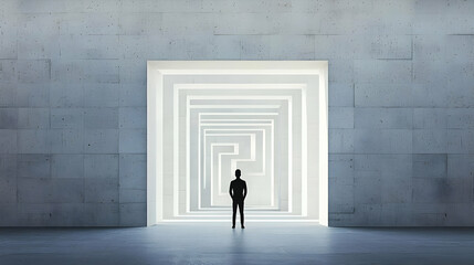 Fototapeta premium Silhouette Standing Before a Labyrinthine Passage in a Modern Architectural Setting