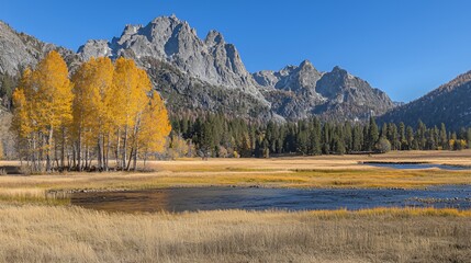 Golden Aspen Trees and Mountain Range Landscape in Autumn