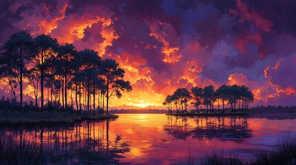 Fiery sunset over tranquil lake, silhouetted trees, vibrant sky, nature scene