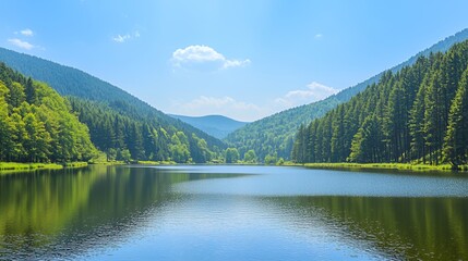 Serene Mountain Lake Landscape with Lush Green Forest