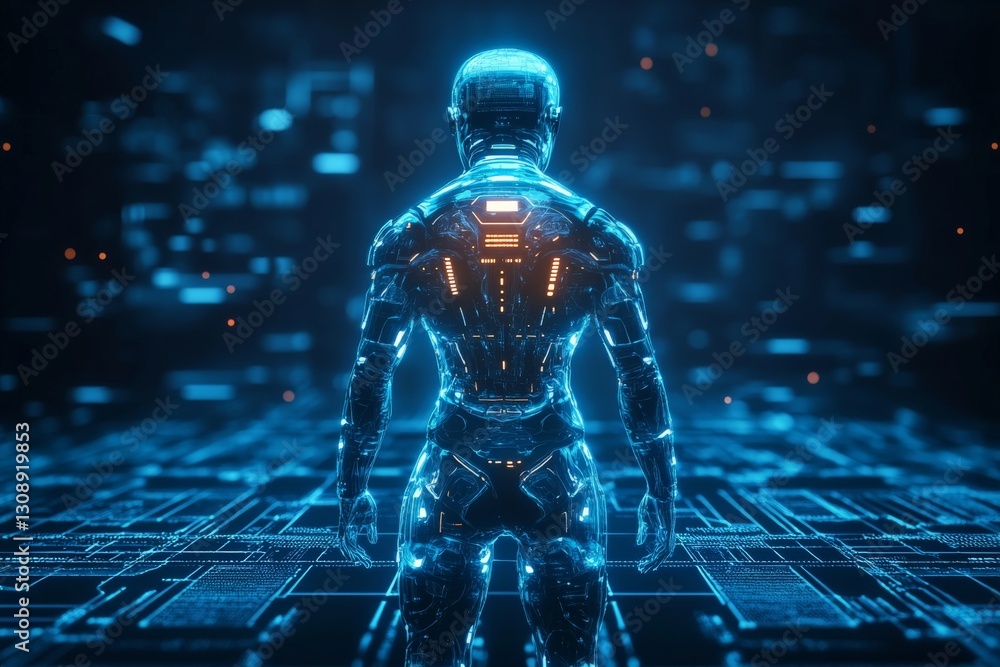Poster futuristic humanoid figure stands in a digital landscape with glowing circuitry and data streams