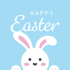Happy Easter cute bunny , peaking easter bunny vector illustration, isolated on blue background.