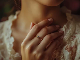 A mesmerizing close-up of a young womans hands, adorned with an elegant thin gold ring with a tiny sapphire