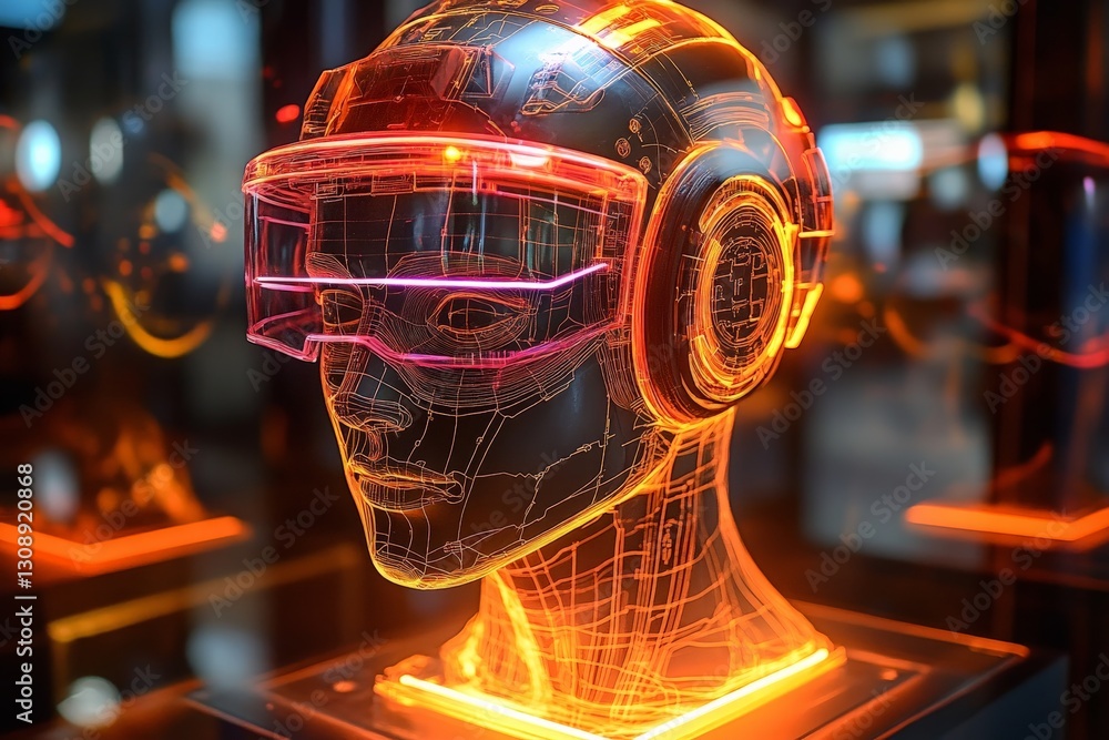Aufkleber futuristic display of a neon-lit augmented reality helmet in a modern tech exhibition