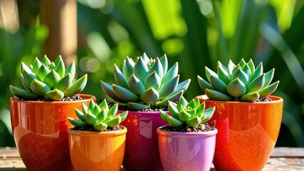 Brightly potted succulents are arranged on a wooden table, surrounded by lush greenery in a sunny outdoor area
