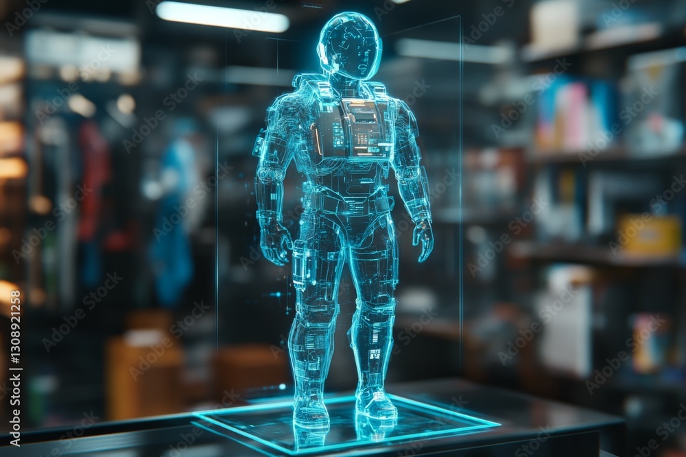 Poster futuristic holographic astronaut display in a modern technology store showcasing advanced design and