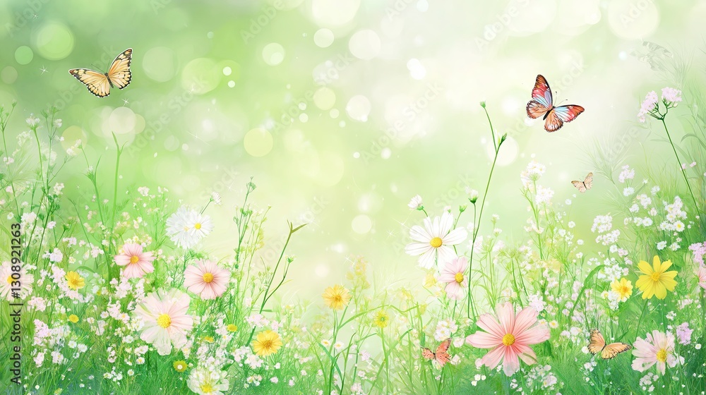 Poster spring meadow with wildflowers and butterflies in soft focus