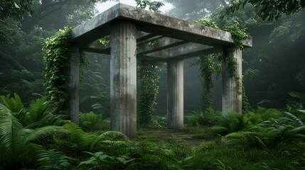 Ancient abandoned concrete structure overgrown with lush jungle plants. Lost civilization
