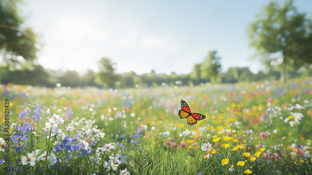 Poster spring meadow with wildflowers and butterflies in soft focus