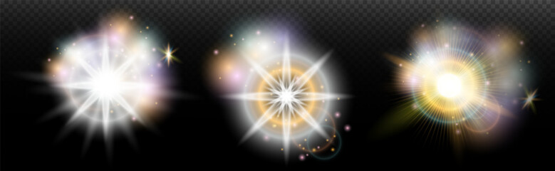 Set of flash light effect with glare and glow on a transparent background. Magic, rainbow glow, shining light, stars, optical flares for design, photomontage, New Year and holiday projects.