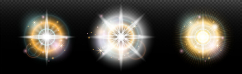 Set of flash light effect with glare and glow on a transparent background. Magic, rainbow glow, shining light, stars, optical flares for design, photomontage, New Year and holiday projects.