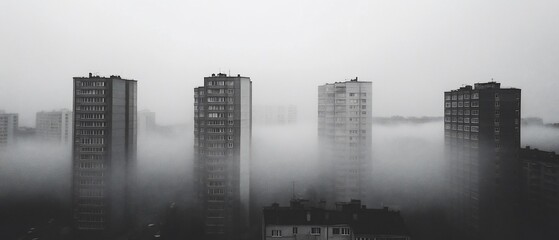 Foggy city, high-rise buildings, aerial view, urban landscape