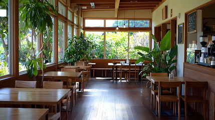 Fototapeta premium Empty Cafe Interior With Wooden Tables Chairs Windows And Green Plants Under Bright Daylight