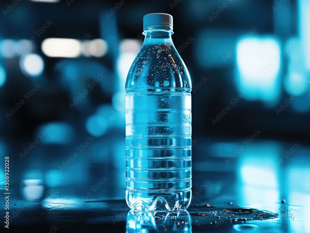Poster a single water bottle placed on a table with no other objects in sight