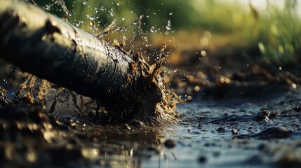 Close-up of mud being splashed from the bottom end of an oil well's boom pole, creating a muddy water spray against a farm background.