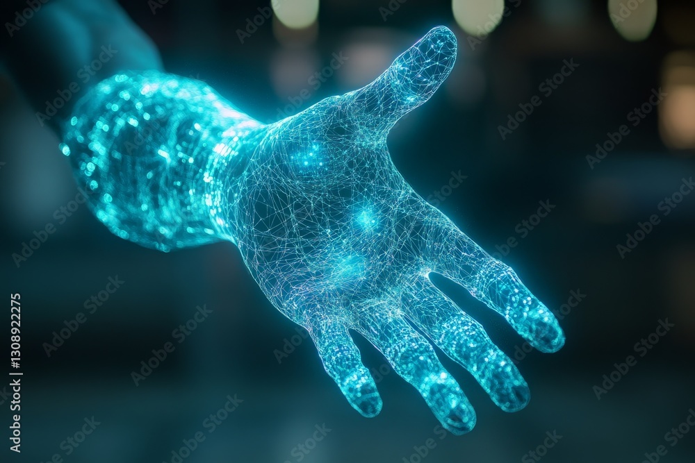 Poster Digital representation of a futuristic hand showcasing advanced technology and connectivity through glowing lines and dots