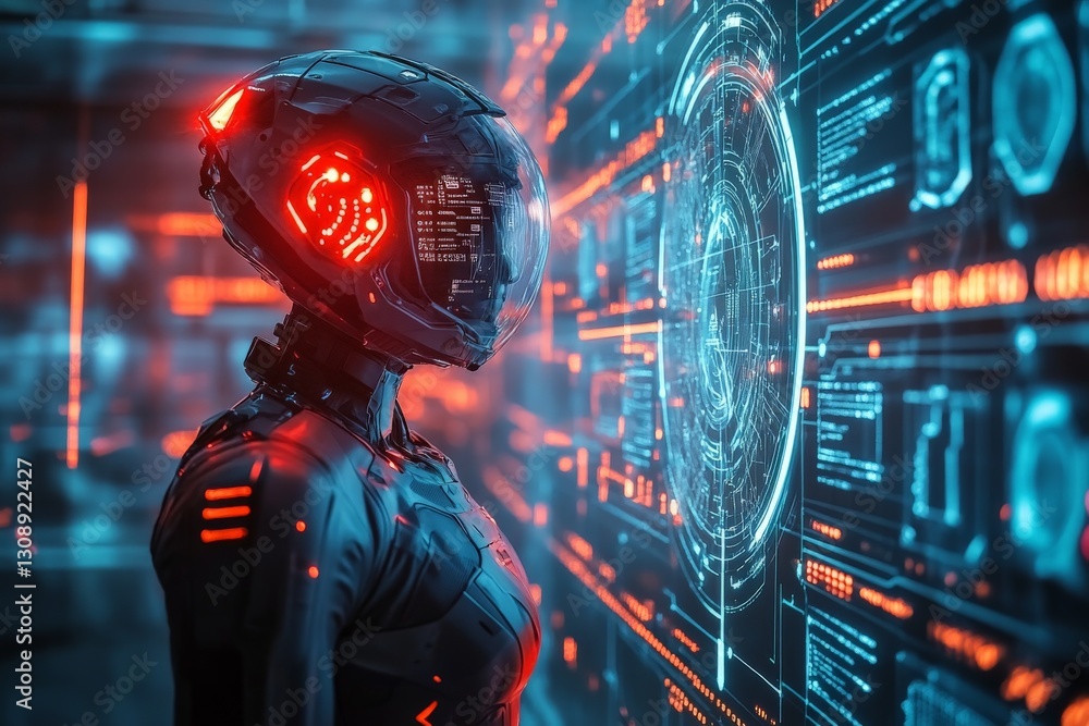 Aufkleber Futuristic robot interacting with a digital interface in a high-tech environment during the night