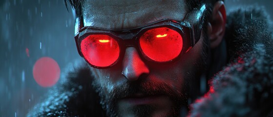 A person wearing bright red glasses with glowing lenses, possibly for a costume or special effect