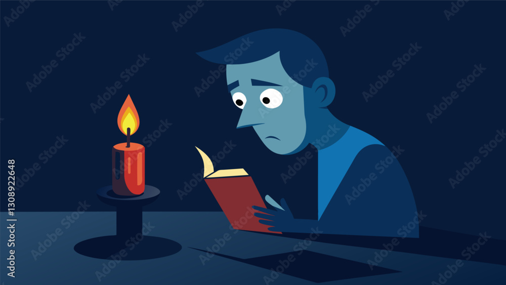 Poster the flickering light of a candle casting shadows on the stoic readers face deep in thought.. vector 