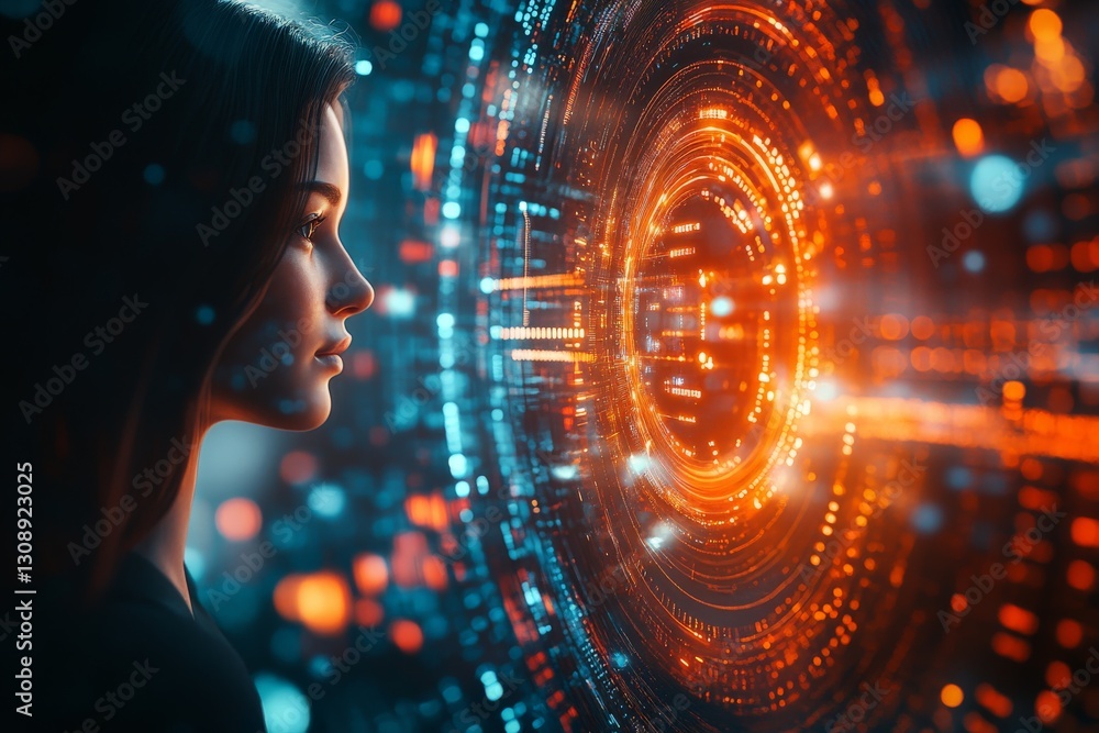 Poster woman gazing thoughtfully at a futuristic interface displaying glowing patterns and lights in a high