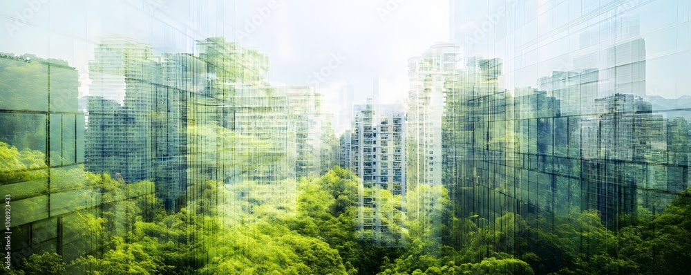 Poster overlapping image showing buildings and green trees in a cityscape