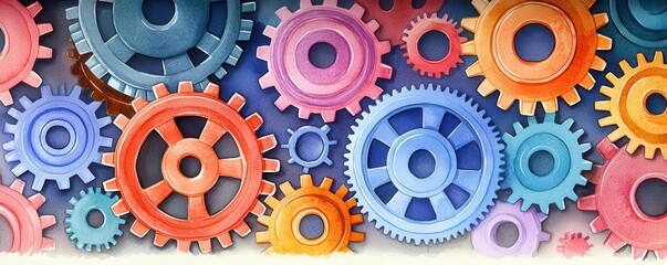 Interlocking gears, mechanical puzzle for kids, STEM education, Watercolor style